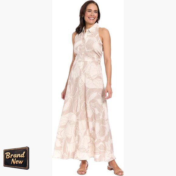 Sleeveless Collared Button Front A-Line Maxi Dress Linen Rayon Blend